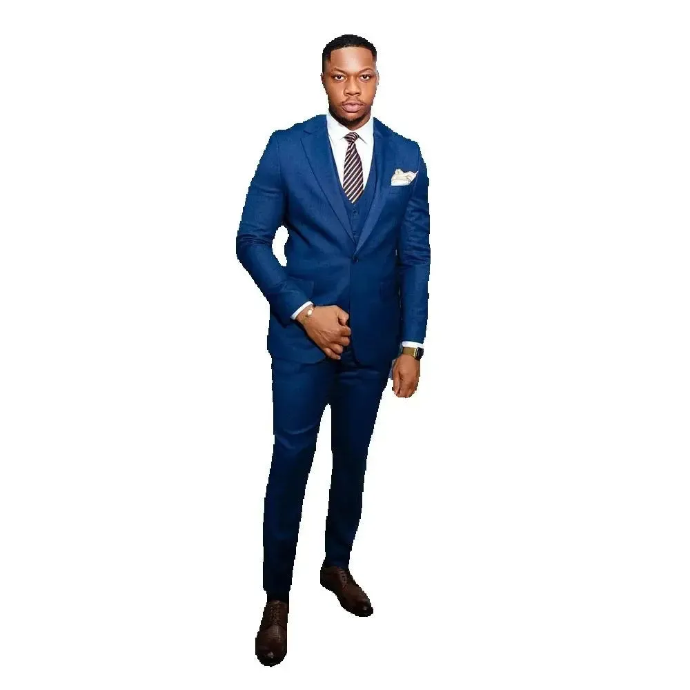 Aidase Elegant Blue Men's Suits Slim Fit Male Clothing One Button Notch Lapel Skinny 3 Piece Jacket Pants Vest Full Sets Wedding Blazer