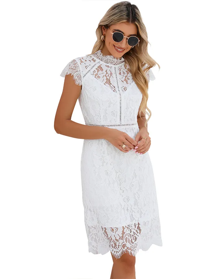 ALLOVIN Women's Sleeveless V-Back Floral Lace Cocktail Party Dress Elegant Knee Length Wedding Guest Dress White