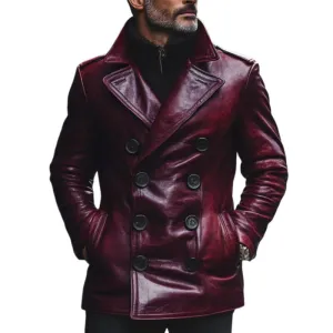 BACKWOODS | Men's Slim Fit Double-Breasted Vintage Leather Coat with Notch Lapel
