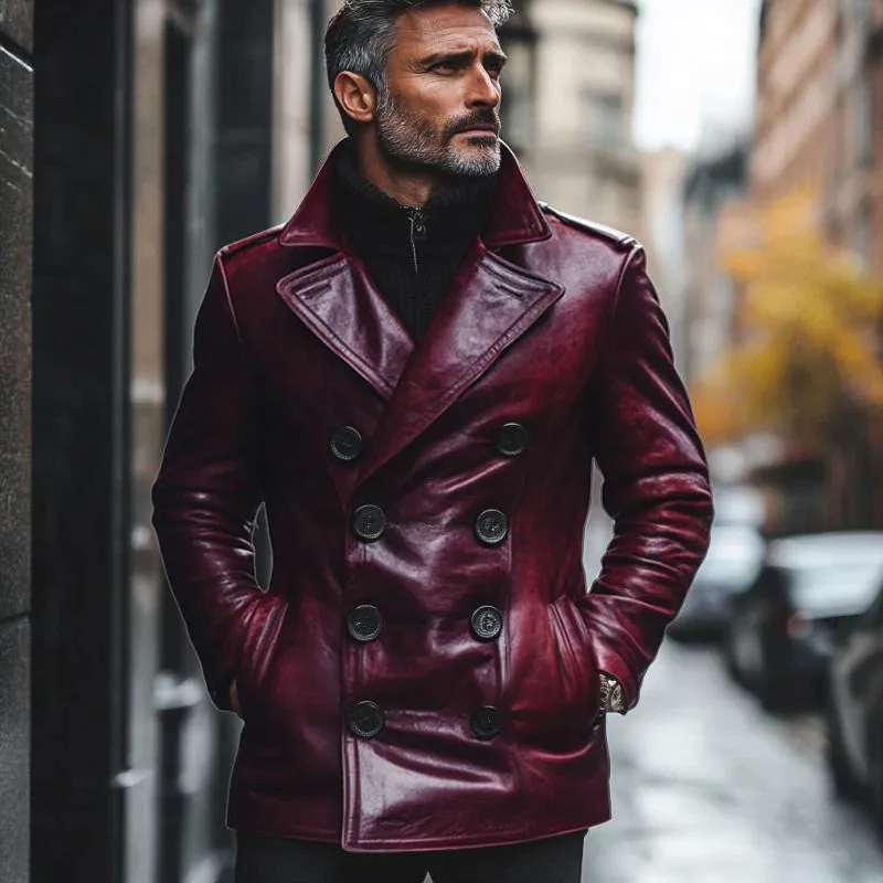BACKWOODS | Men's Slim Fit Double-Breasted Vintage Leather Coat with Notch Lapel