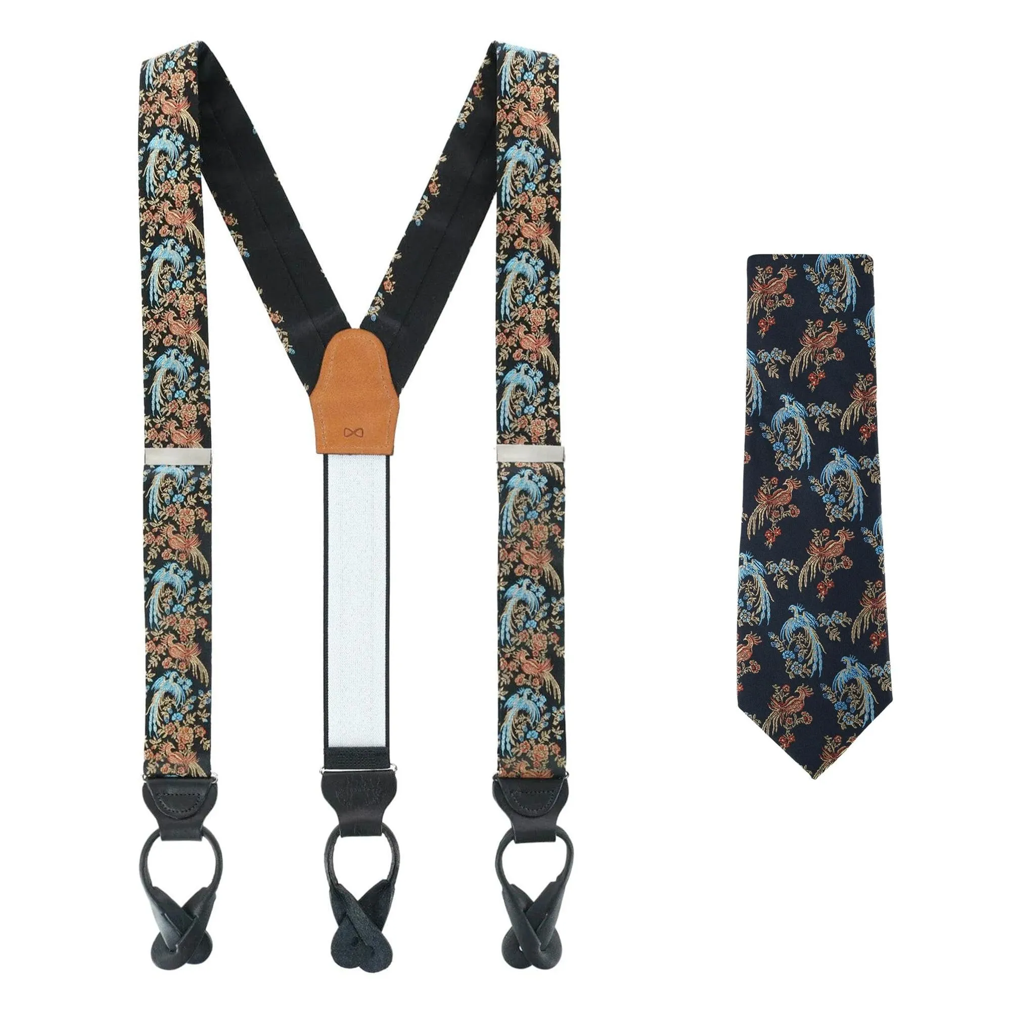 Birds of Prosperity Silk Button End Braces and Necktie Set