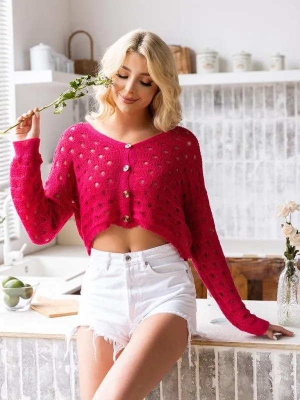 Chic Button-Up Hollow-Design Wool Cardigan for Women