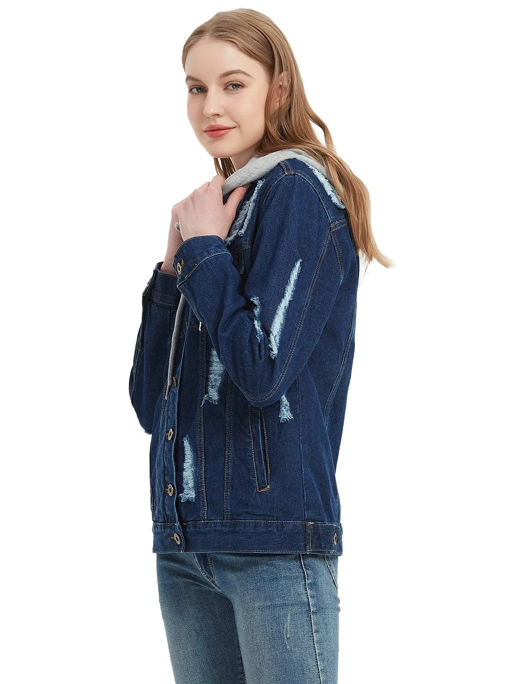 Detachable Hoodie Denim Distressed Jean Jacket