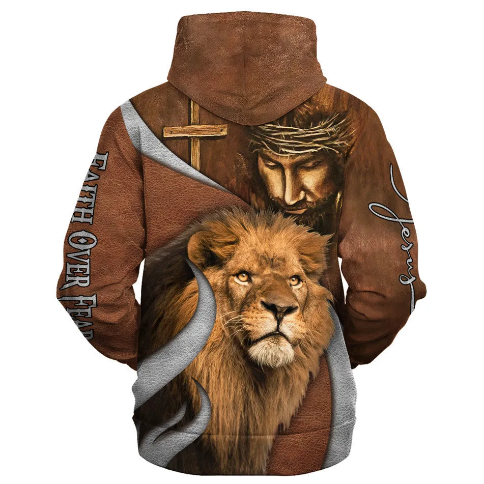 Faith Over Fear Lion And God Hoodies Men & Women Christian Hoodie 3D Printed Hoodie