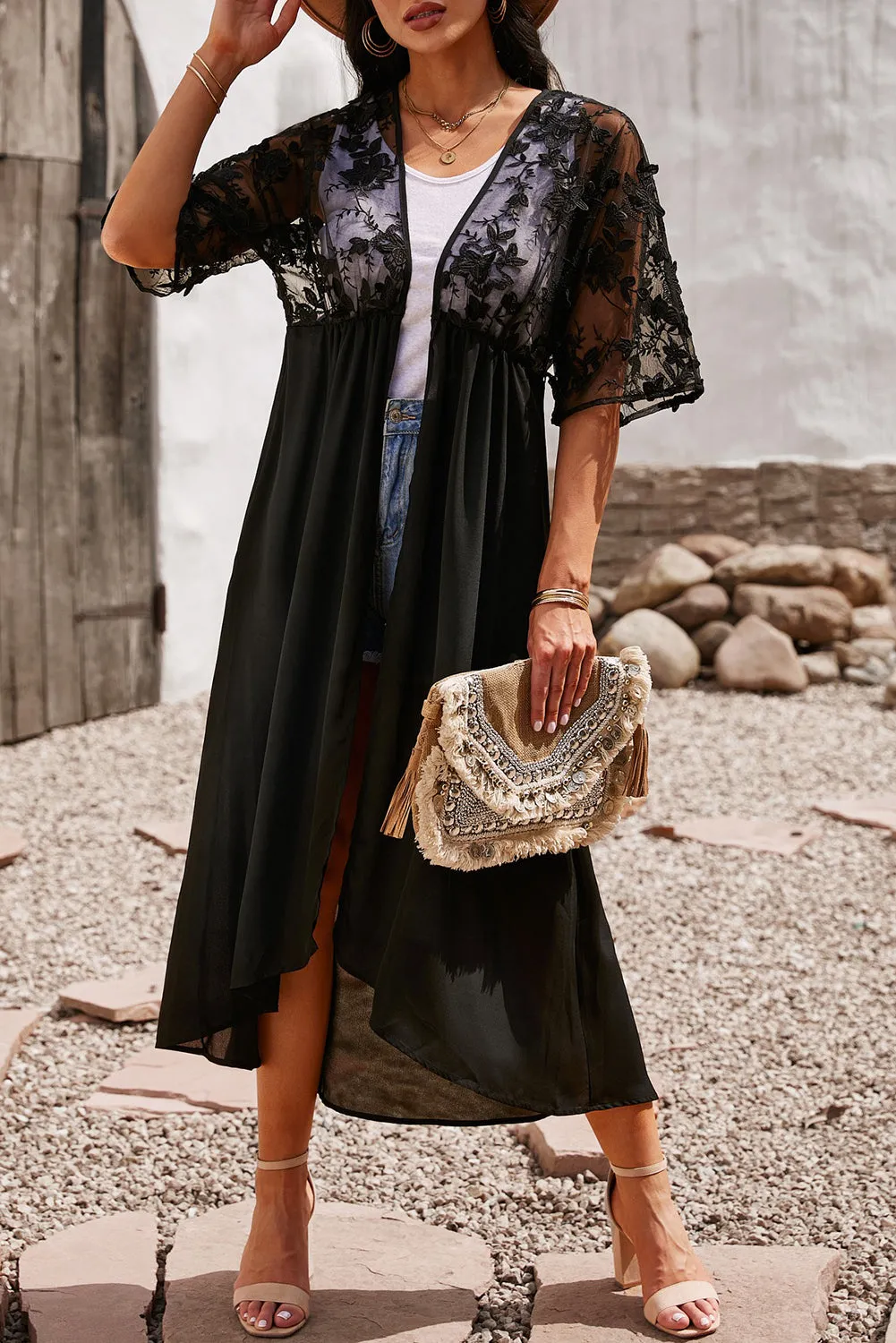 Floral Mesh Lace Crochet Open Front Kimono