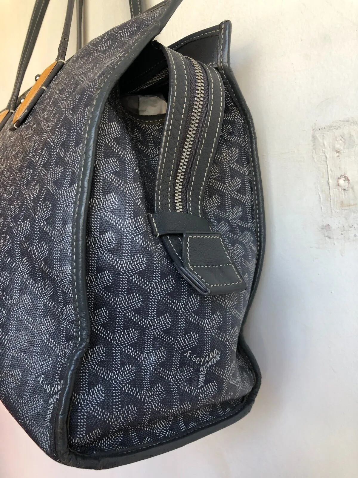 GOYARD Marquises Gray Chevron Monogram Print Leather Canvas Tote Bag Purse