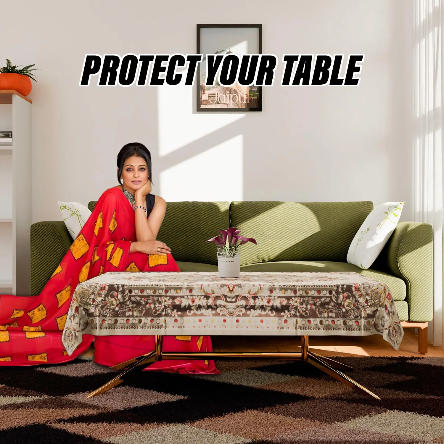 Kuber Industries Center Table Cover | PVC Shining Flower Design Table Cover | Luxurious Table Protector Cover for Home | 40x60 Inch | Gold