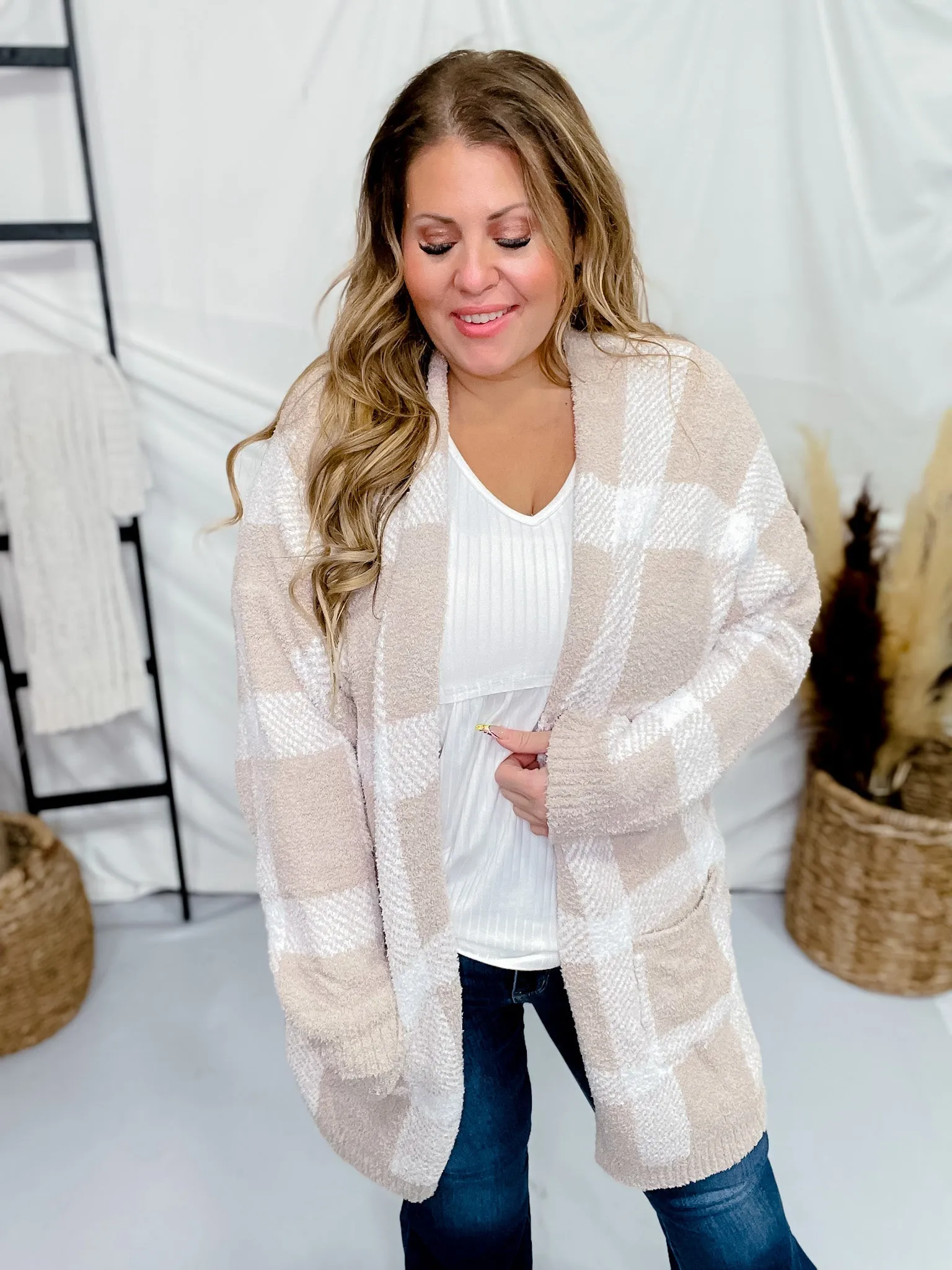Long Sleeve Open Sweater Plaid Cardigan