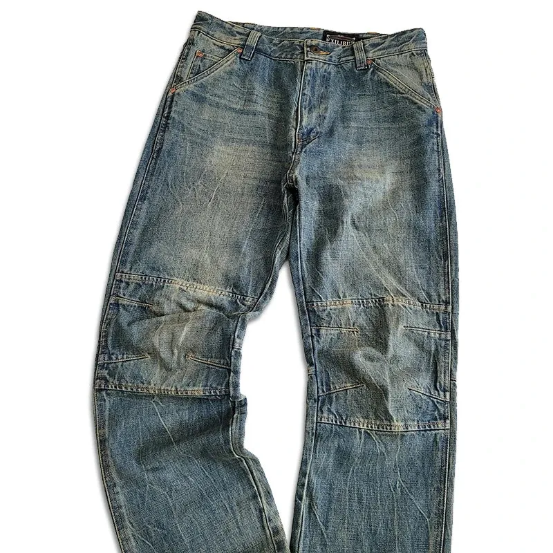 Men's Distressed Jeans Straight Monkey Wash Moustache Effect Regular Fit Vintage Denim Pants