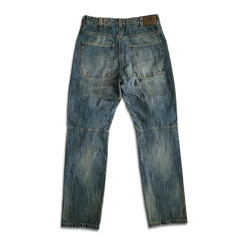 Men's Distressed Jeans Straight Monkey Wash Moustache Effect Regular Fit Vintage Denim Pants