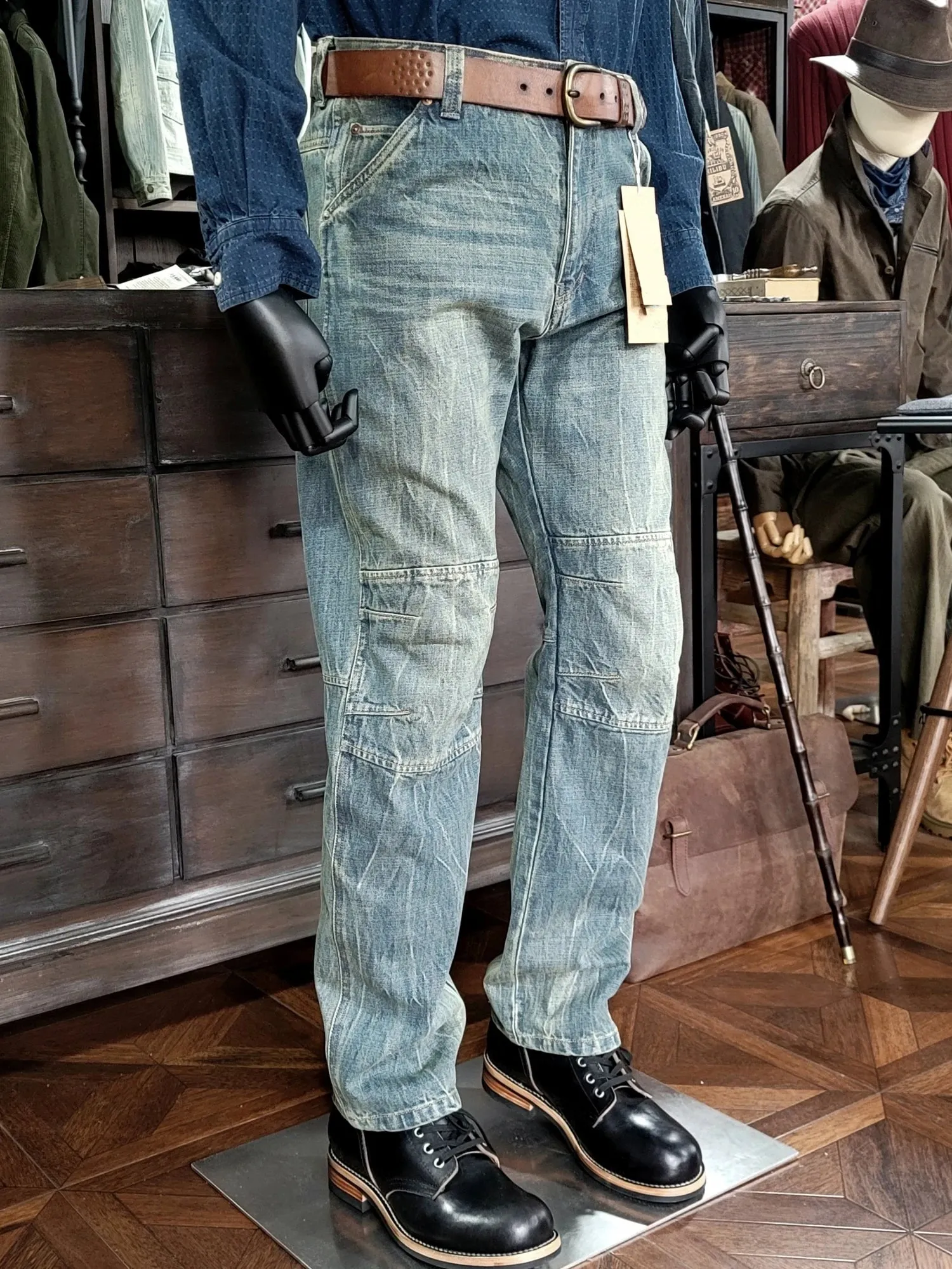 Men's Distressed Jeans Straight Monkey Wash Moustache Effect Regular Fit Vintage Denim Pants