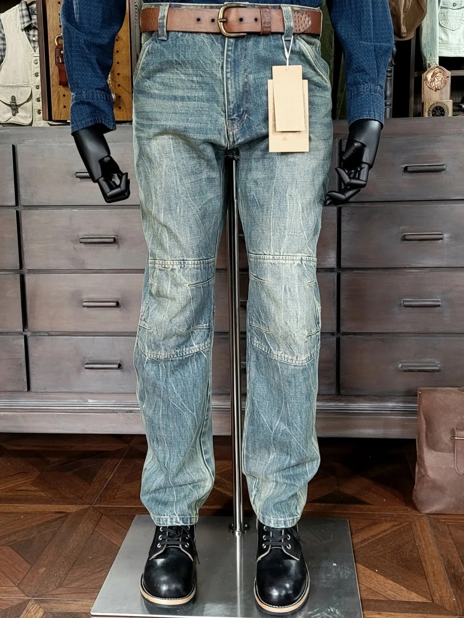 Men's Distressed Jeans Straight Monkey Wash Moustache Effect Regular Fit Vintage Denim Pants
