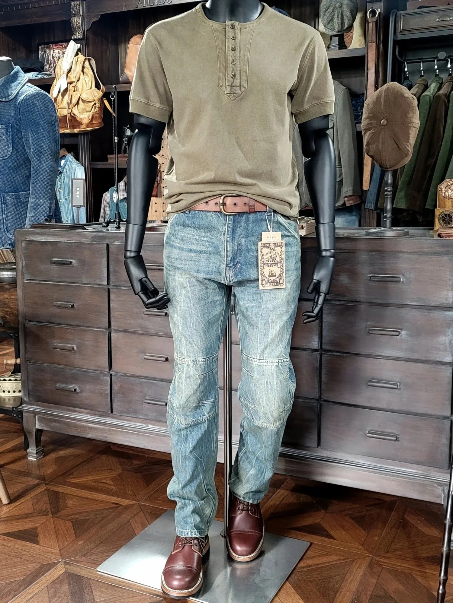 Men's Distressed Jeans Straight Monkey Wash Moustache Effect Regular Fit Vintage Denim Pants