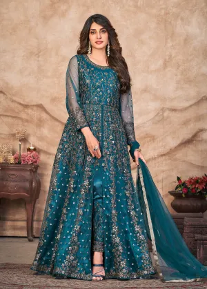 Peacock Blue Net Embroidered Pant Style Anarkali Suit