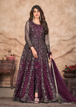 Plum Wine Net Embroidered Pant Style Anarkali Suit