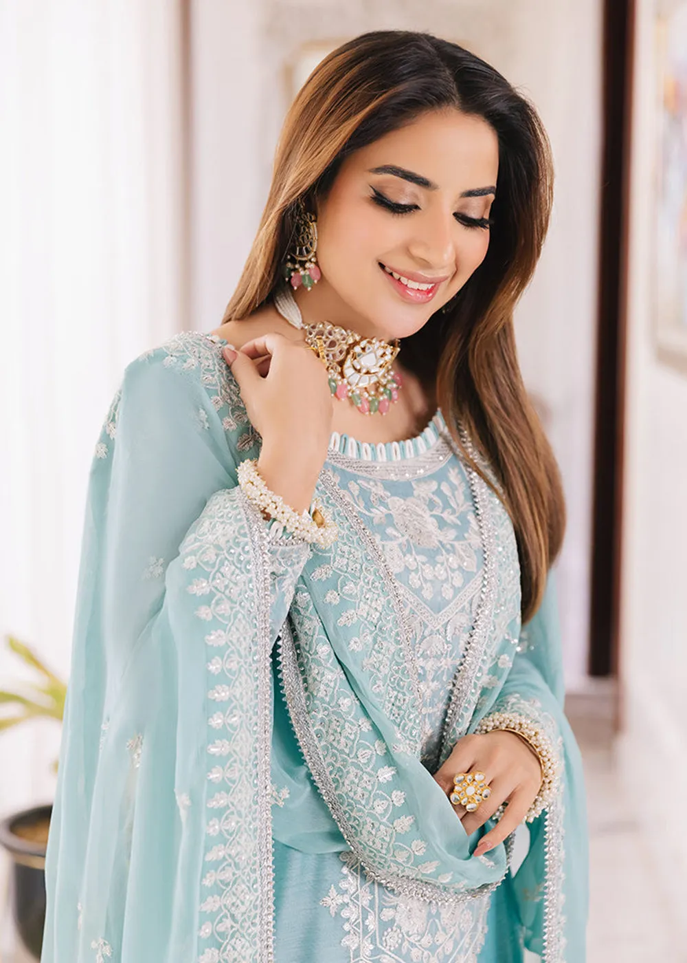 Powder Blue Suit - Maahru, Noorie & Meerub '23 by Asim Jofa - AJSM-29
