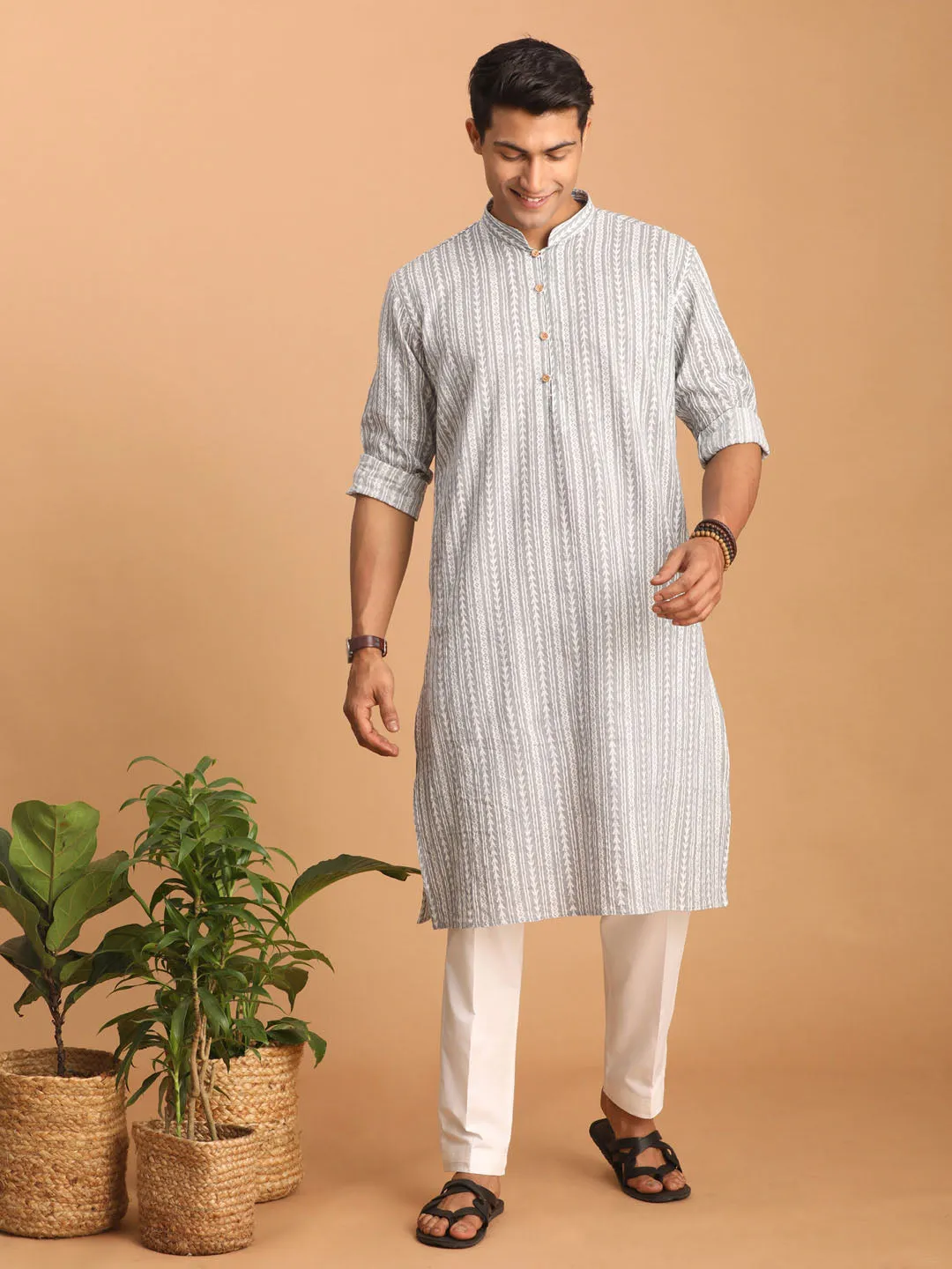 SHVAAS By VASTRAMAY Men's Grey And White Batik Printed Kurta