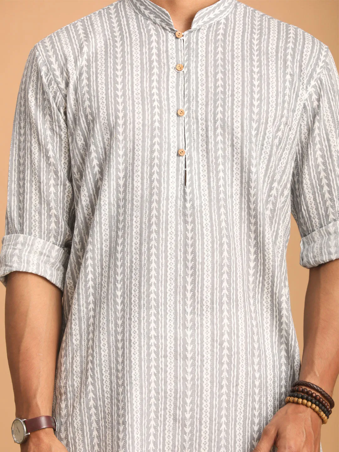 SHVAAS By VASTRAMAY Men's Grey And White Batik Printed Kurta