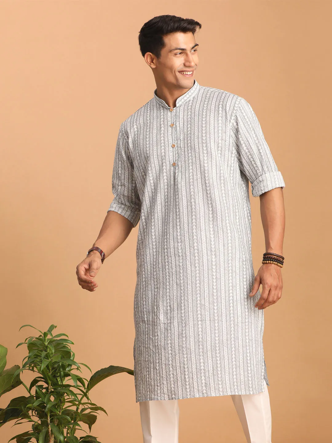 SHVAAS By VASTRAMAY Men's Grey And White Batik Printed Kurta