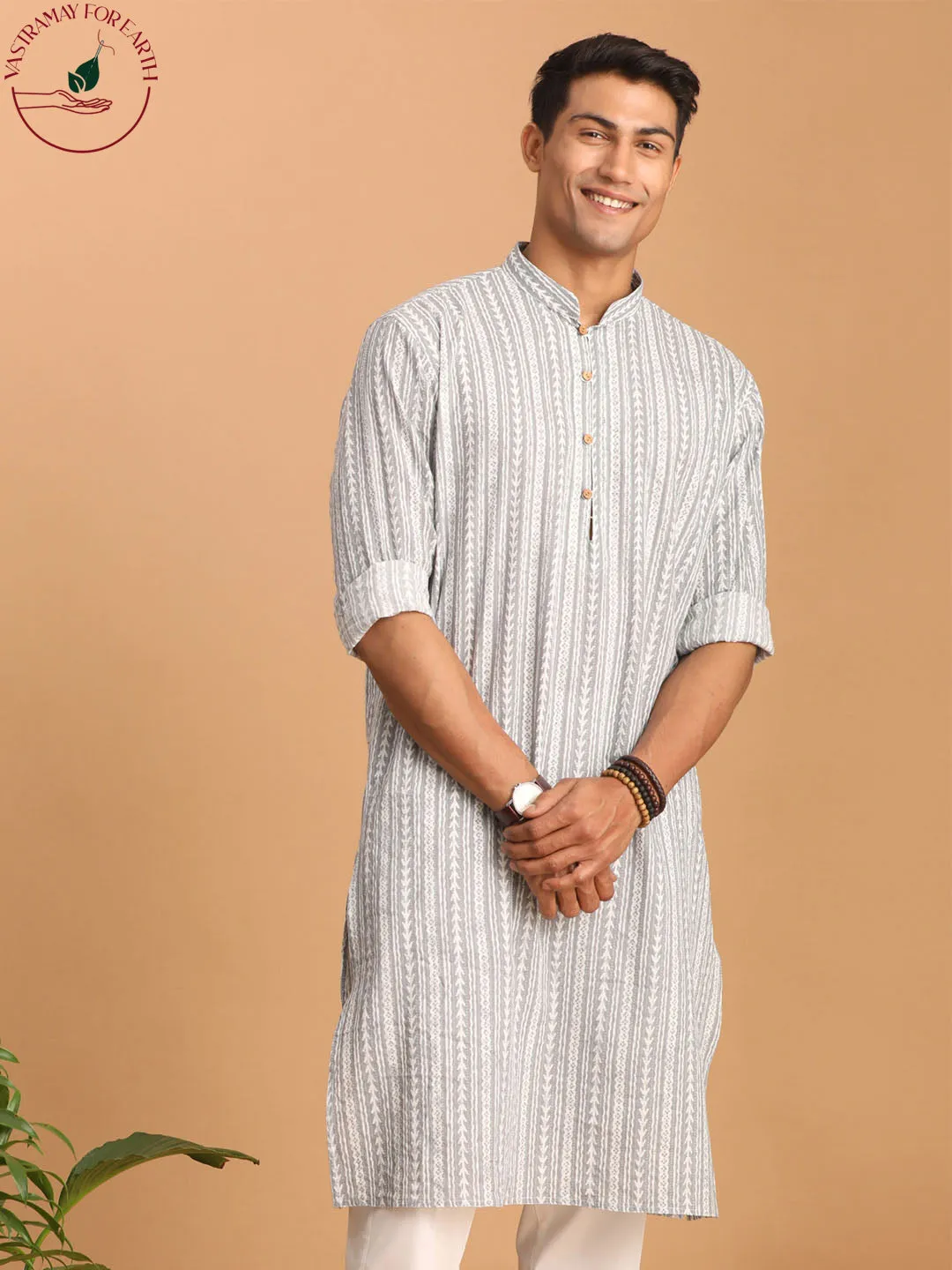 SHVAAS By VASTRAMAY Men's Grey And White Batik Printed Kurta