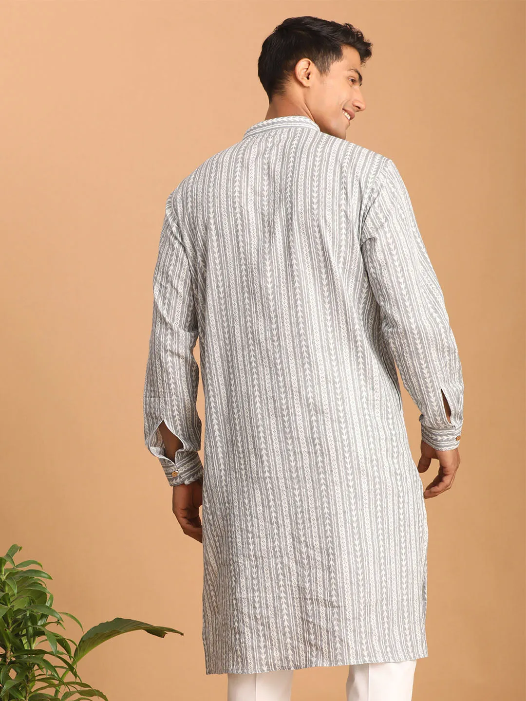 SHVAAS By VASTRAMAY Men's Grey And White Batik Printed Kurta