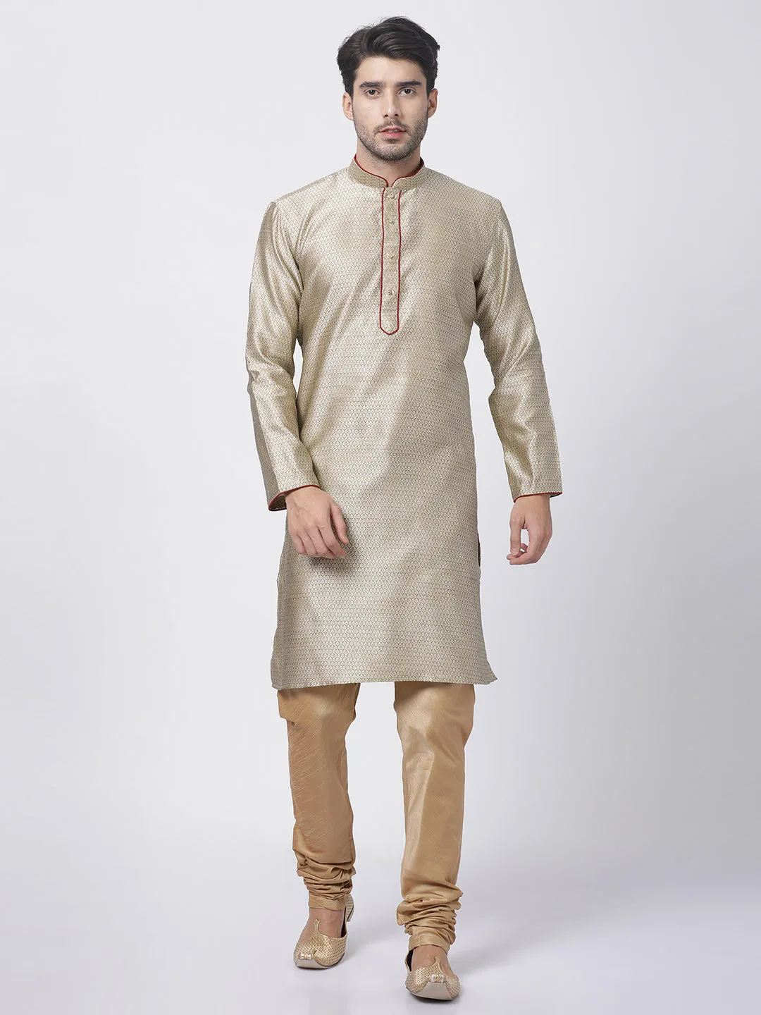 Vastramay Silk Blend Beige and Rose Gold Baap Beta Kurta Pyjama set
