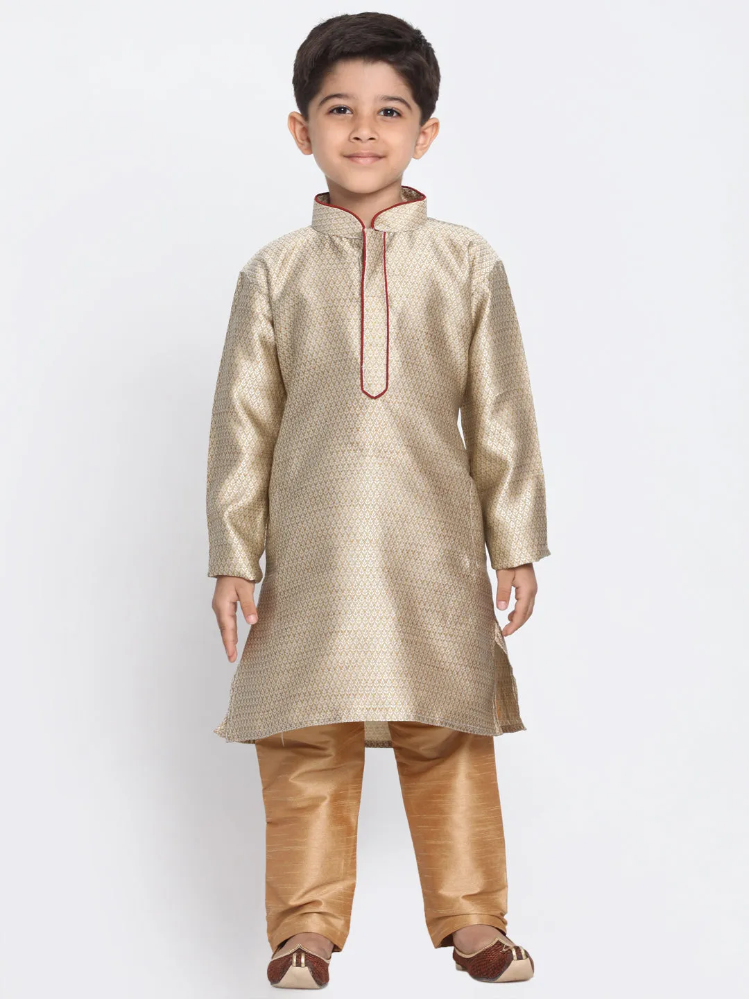 Vastramay Silk Blend Beige and Rose Gold Baap Beta Kurta Pyjama set