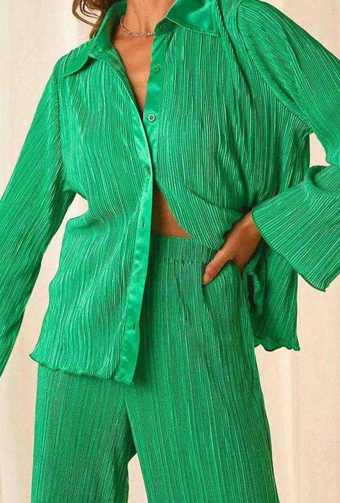 Wenkouban Back To School Causal Pleated Suit Women Elegant Long Sleeve Blouses Matching Wide Pants Suits Loose Shirts Two Piece Pant Set