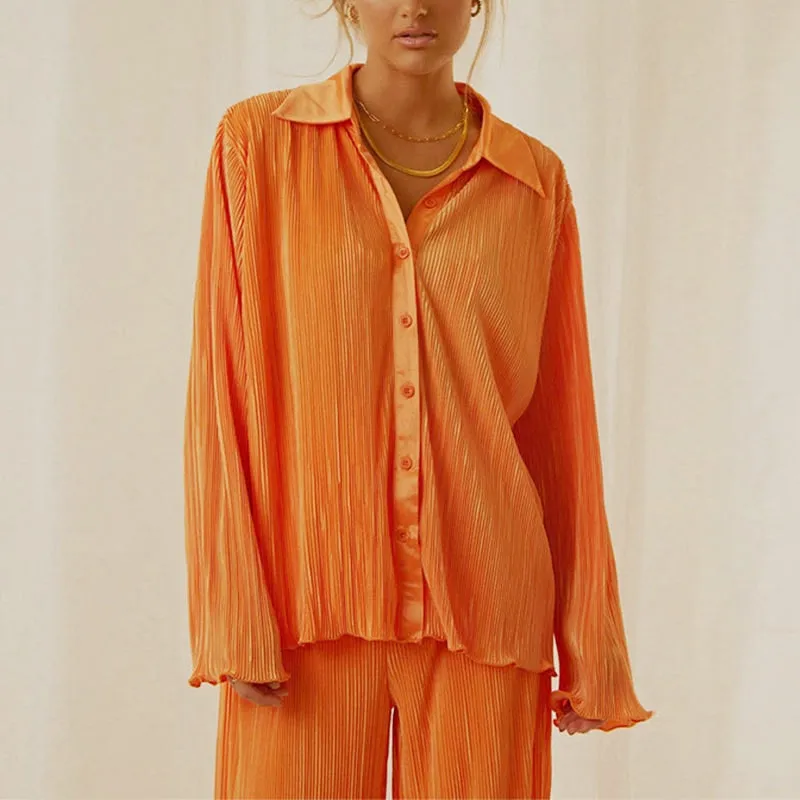 Wenkouban Back To School Causal Pleated Suit Women Elegant Long Sleeve Blouses Matching Wide Pants Suits Loose Shirts Two Piece Pant Set