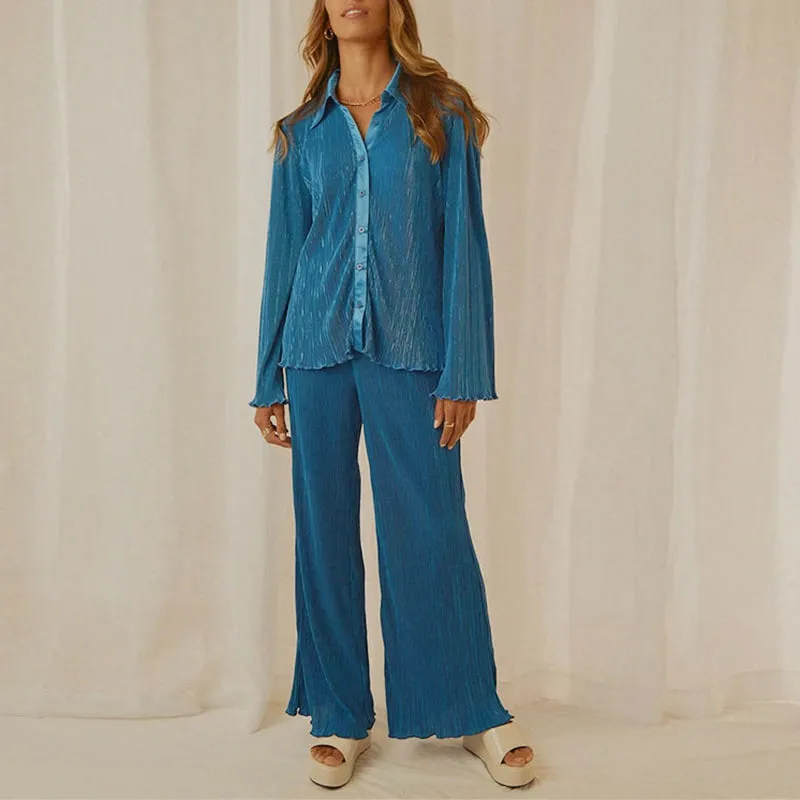 Wenkouban Back To School Causal Pleated Suit Women Elegant Long Sleeve Blouses Matching Wide Pants Suits Loose Shirts Two Piece Pant Set