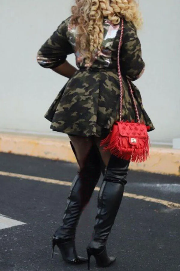 xiangtuibao Sequin Patchwork Camouflage Lapel Cute Coat With Belt