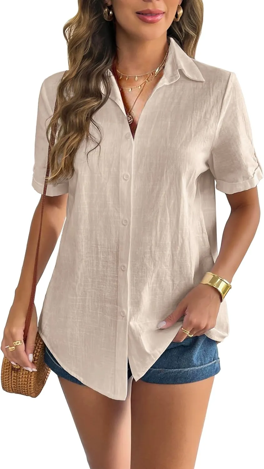 Zeagoo Women Linen Button Down Shirt Rolled Cuffed Short Sleeve Blouse Ladies Summer Casual V Neck Beach Cotton Tops