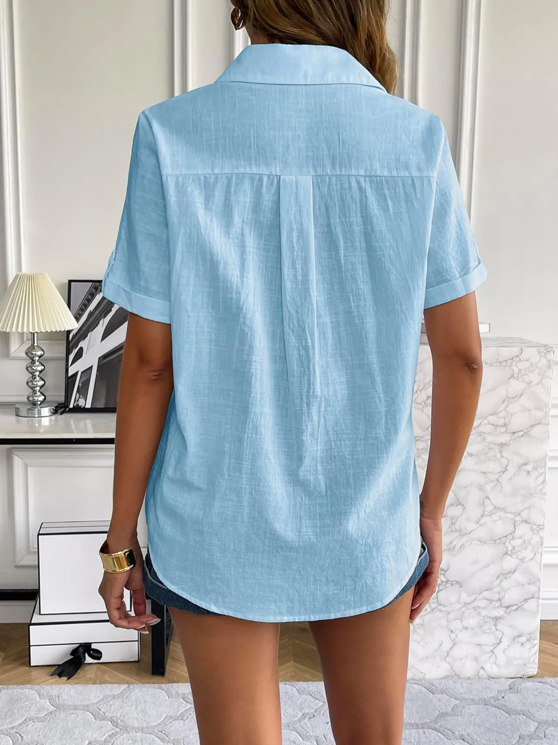Zeagoo Women Linen Button Down Shirt Rolled Cuffed Short Sleeve Blouse Ladies Summer Casual V Neck Beach Cotton Tops