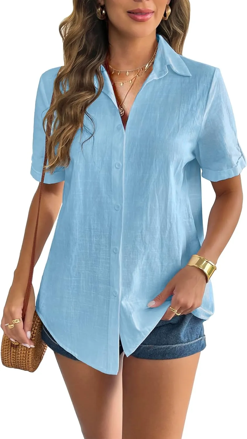 Zeagoo Women Linen Button Down Shirt Rolled Cuffed Short Sleeve Blouse Ladies Summer Casual V Neck Beach Cotton Tops