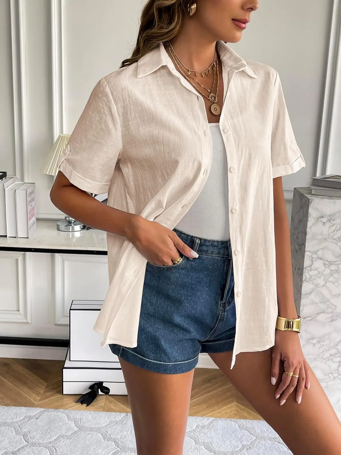 Zeagoo Women Linen Button Down Shirt Rolled Cuffed Short Sleeve Blouse Ladies Summer Casual V Neck Beach Cotton Tops